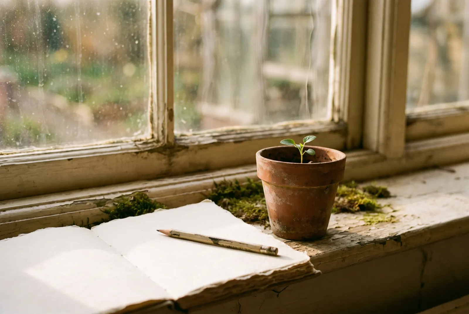 An open notebook and a seedling on a windowsill