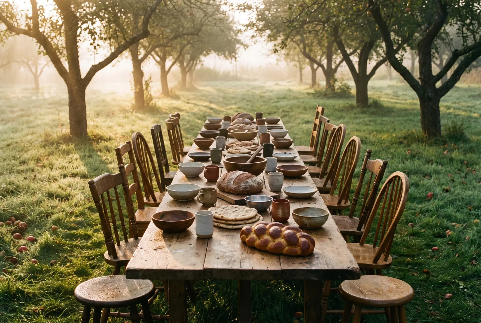 A long table set outdoors with many different bowls