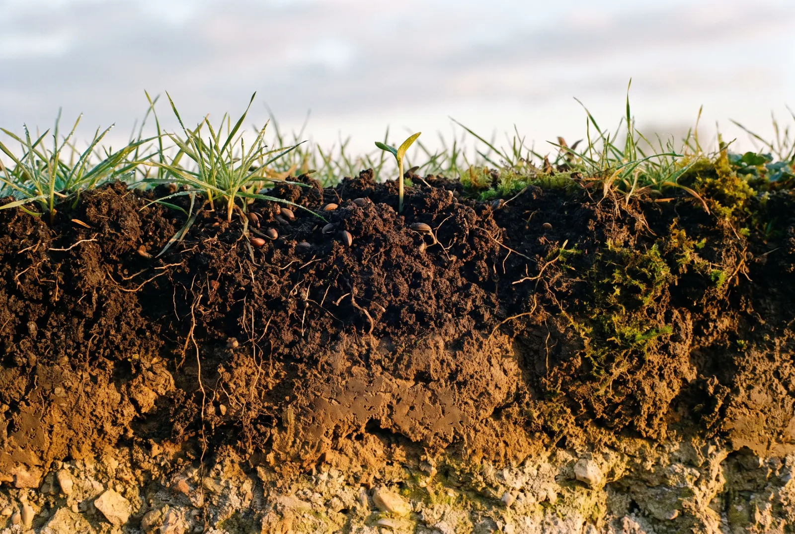 A cross-section of soil with roots and a seedling